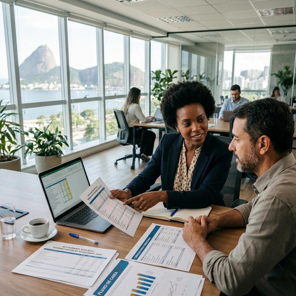 Experienced accounting professionals reviewing balance sheets in a modern office